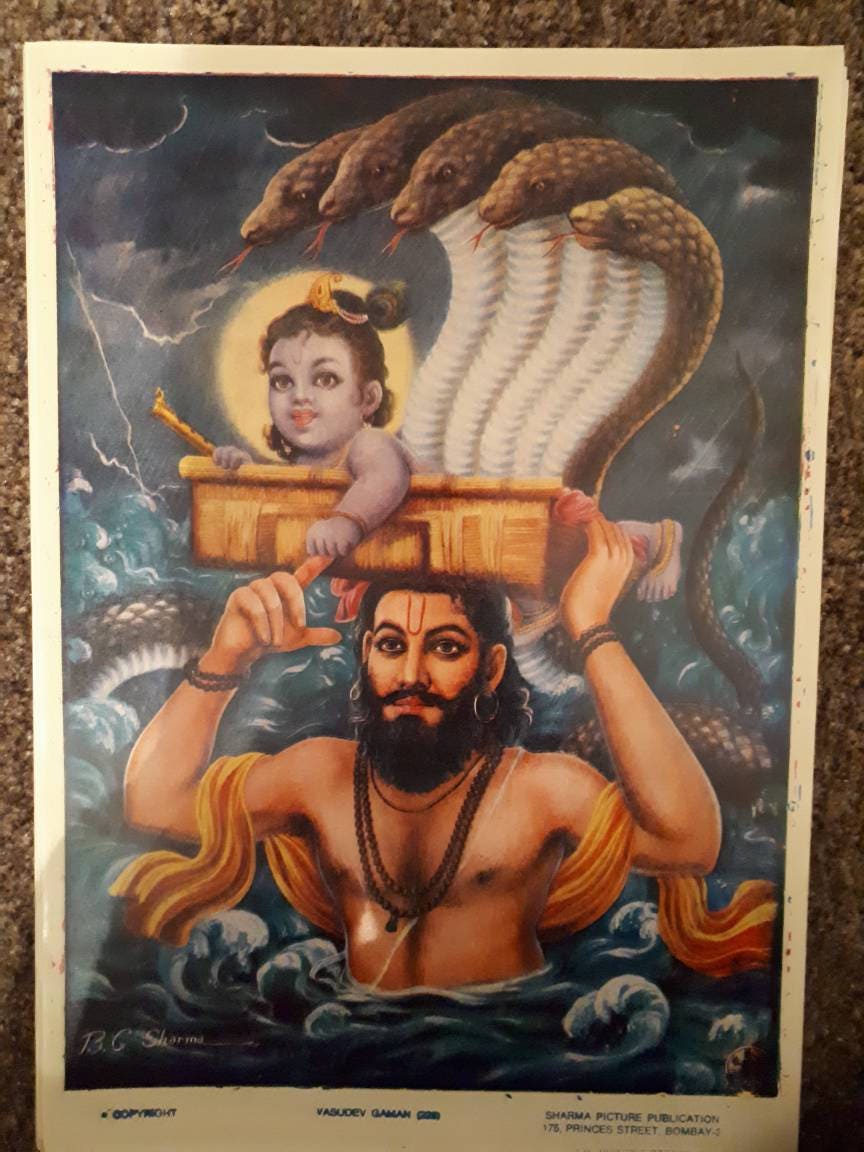 Hindu god baby Krishna and vasudev