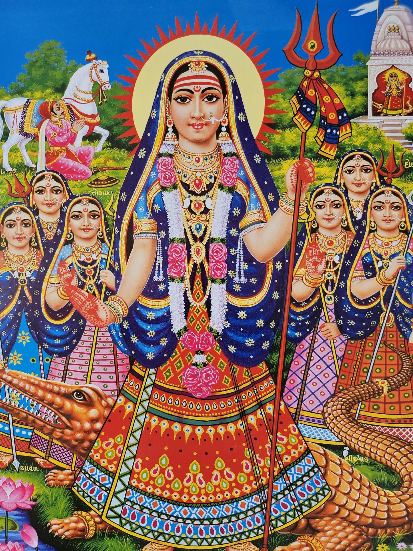 Modern print of Hindu Gujarati goddess Khodiyar Maa and sisters 15inch x 20inch unframed by JB Khanna. Cream border 701