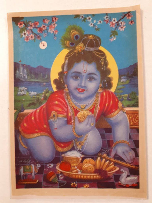 9"x6.5" Vintage Hindu god print of laddu gopal baby krishna