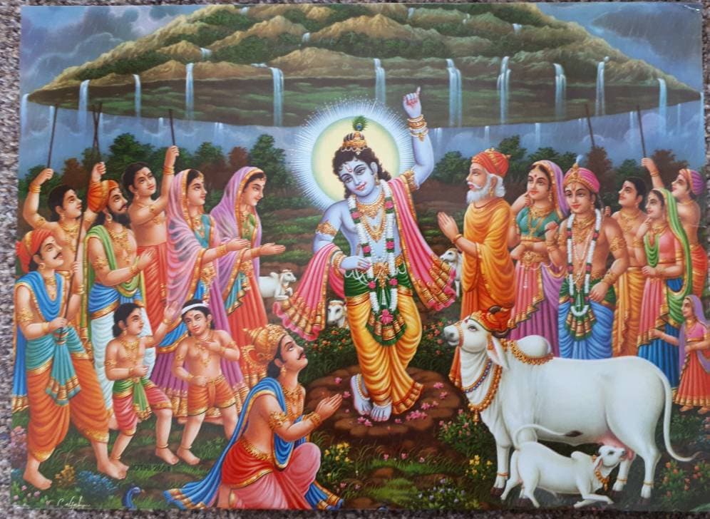 16.5'x12' print of hindu god krishna lifting govardhan parvat by jothi press
