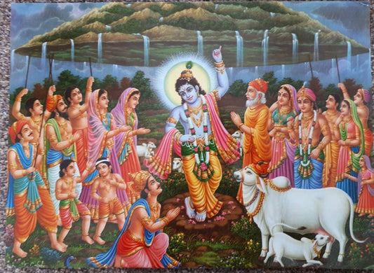 16.5'x12' print of hindu god krishna lifting govardhan parvat by jothi press