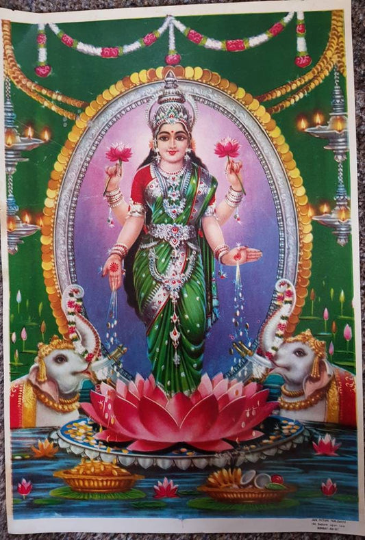 Hindu vintage print of Hindu goddess of wealth -lakshmi maa by Jain picture publishers 10'x14'