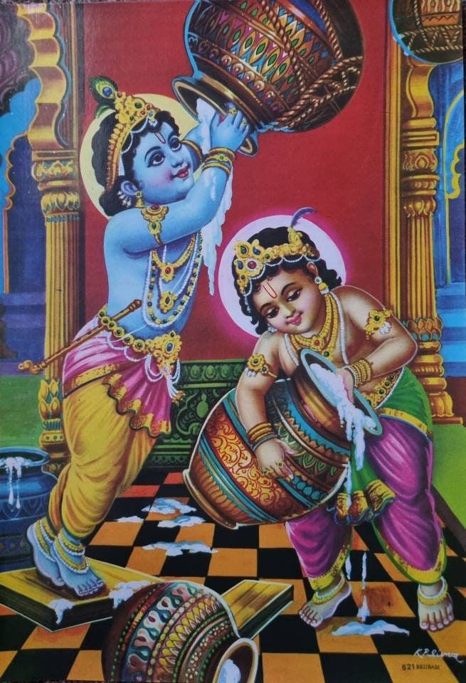 Vintage print of Hindu god Krishna with brother Balaram 12in x 17in