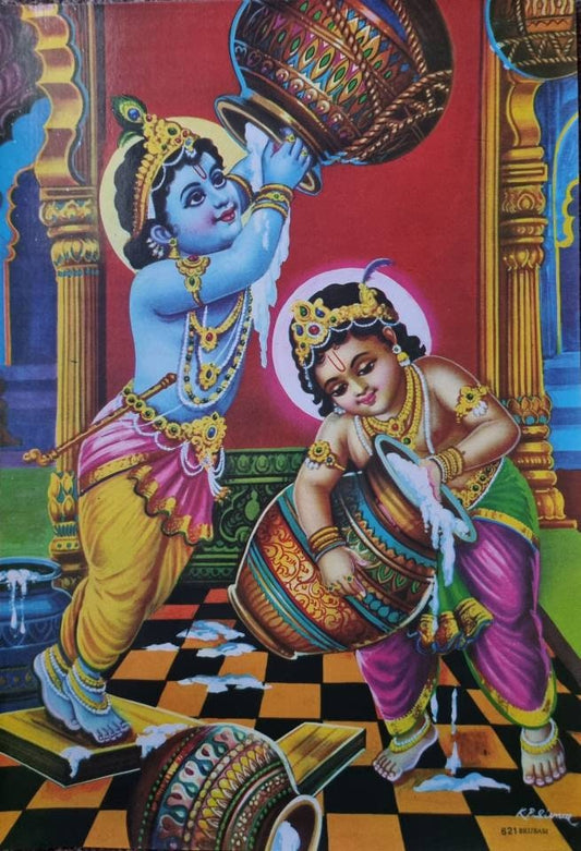 Vintage print of Hindu god Krishna with brother Balaram 12in x 17in