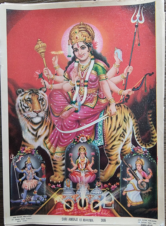 Hindu Goddess Amba Maa with maa saraswati, maa lakshmi and maa kali (vaishno devi) vintage print by Jain Publishers 6.5in x 9.5in