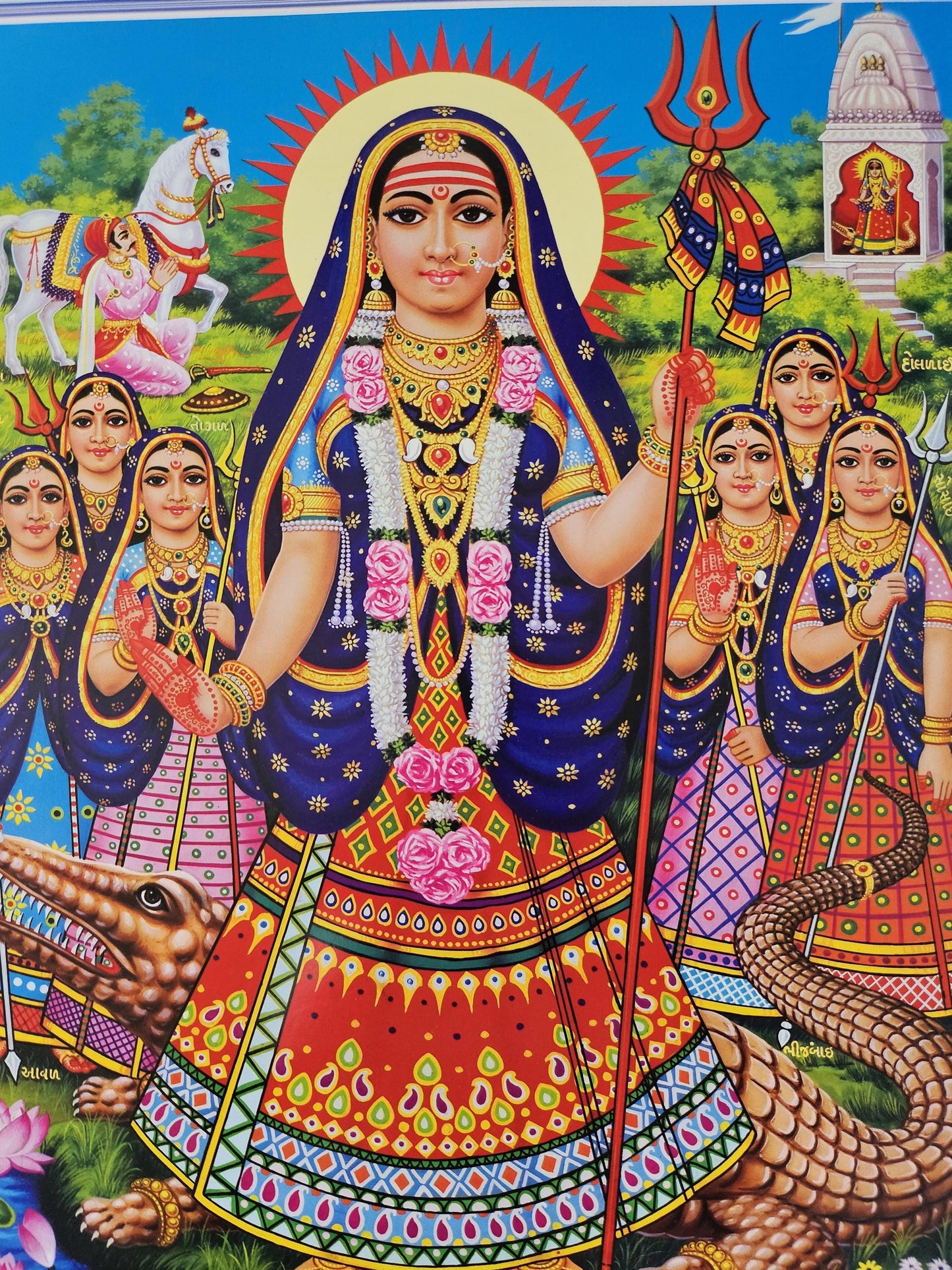 Modern print of Hindu Gujarati goddess Khodiyar Maa and sisters 15inch x 20inch unframed by JB Khanna. Blue border 701