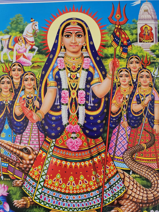Modern print of Hindu Gujarati goddess Khodiyar Maa and sisters 15inch x 20inch unframed by JB Khanna. Blue border 701
