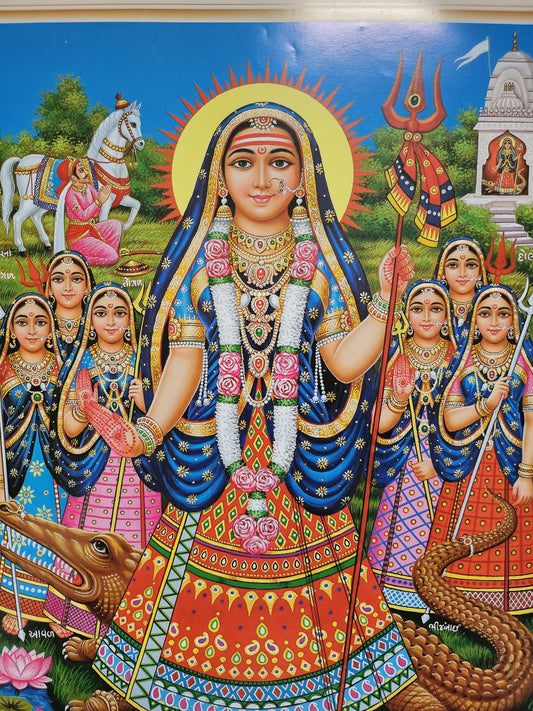 Modern print of Hindu Gujarati goddess Khodiyar Maa and sisters 15inch x 20inch unframed by Janta no111