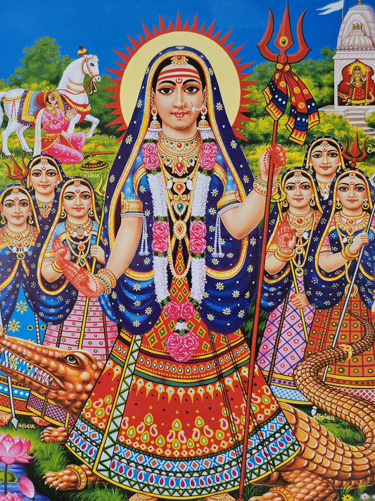 Modern print of Hindu Gujarati goddess Khodiyar Maa and sisters 15inch x 20inch unframed by JB Khanna. Cream border 701