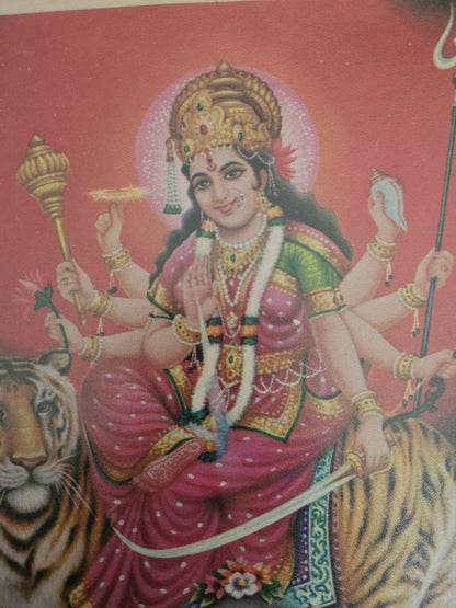 Hindu Goddess Amba Maa with maa saraswati, maa lakshmi and maa kali (vaishno devi) vintage print by Jain Publishers 6.5in x 9.5in