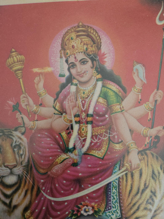 Hindu Goddess Amba Maa with maa saraswati, maa lakshmi and maa kali (vaishno devi) vintage print by Jain Publishers 6.5in x 9.5in